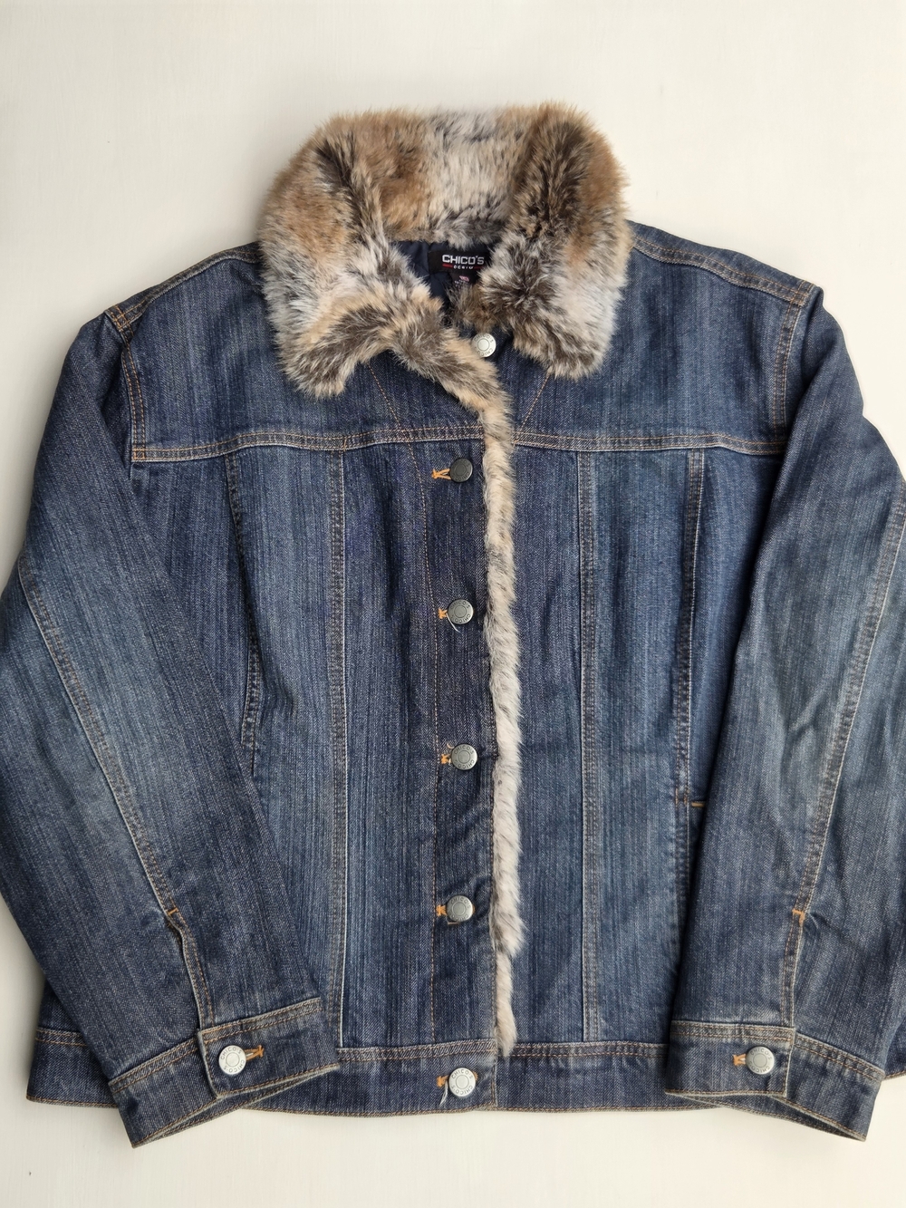 Chico's Denim Button Up Jacket with Faux Fur Size-3(US-XL)